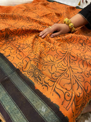 Yellow, Blue Handpainted Kalamkari Saree in Pure Tussar Silk