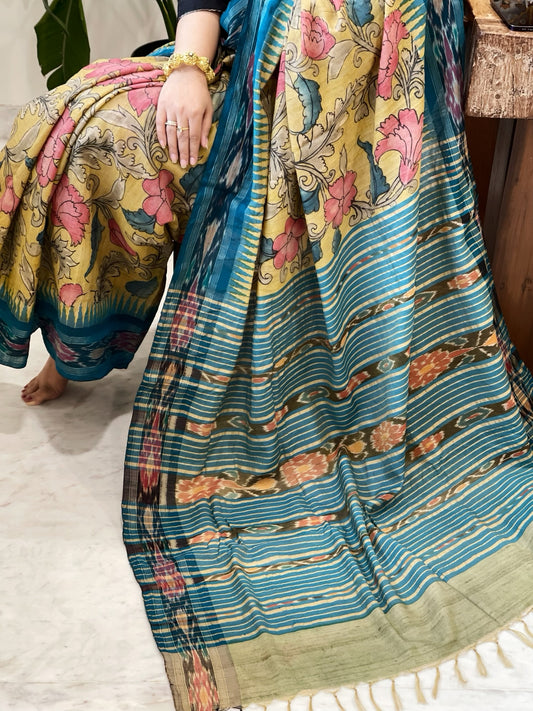Yellow Handpainted Kalamkari Saree in Pure Tussar Silk
