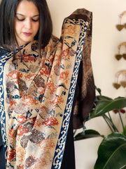 Cream Designer Handblock Ajrakh Dupatta in Modal Silk