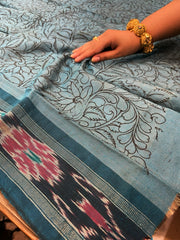 Yellow Handpainted Kalamkari Saree in Pure Tussar Silk