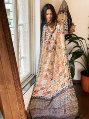 Cream Designer Handblock Ajrakh Dupatta in Modal Silk