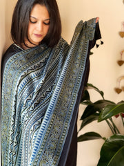 Blue Designer Handblock Ajrakh Dupatta in Modal Silk