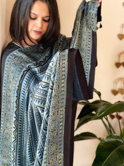 Blue Designer Handblock Ajrakh Dupatta in Modal Silk