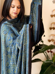 Blue Designer Handblock Ajrakh Dupatta in Modal Silk