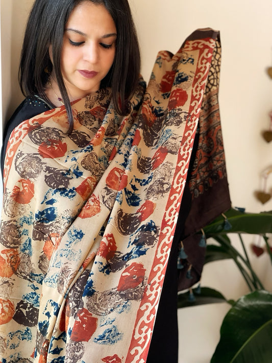 Cream Designer Handblock Ajrakh Dupatta in Modal Silk