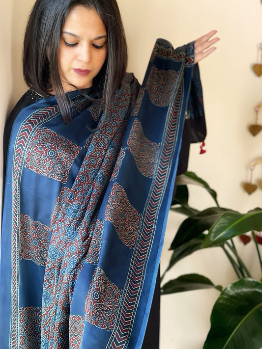 Blue Designer Handblock Ajrakh Dupatta in Modal Silk