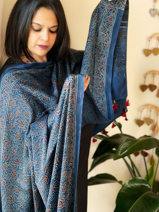 Blue Designer Handblock Ajrakh Dupatta in Modal Silk