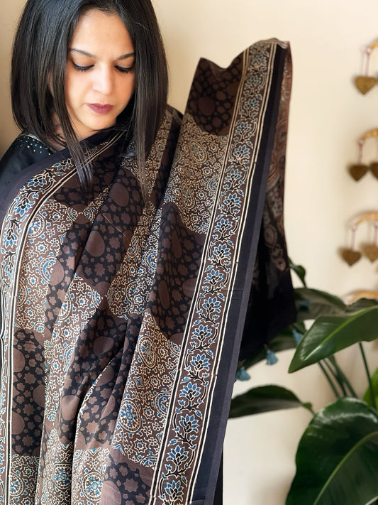 Brown Designer Handblock Ajrakh Dupatta in Modal Silk