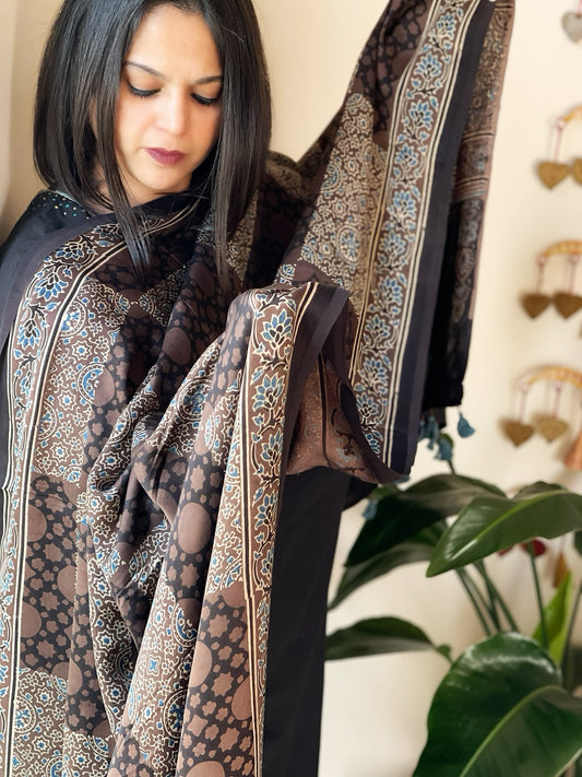 Brown Designer Handblock Ajrakh Dupatta in Modal Silk