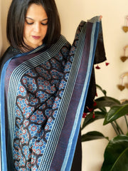 Black Designer Handblock Ajrakh Dupatta in Modal Silk