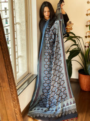 Black Designer Handblock Ajrakh Dupatta in Modal Silk