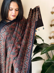 Black Designer Handblock Ajrakh Dupatta in Modal Silk