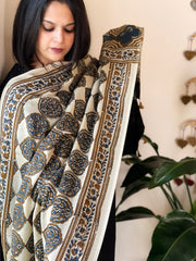 Cream Designer Handblock Ajrakh Dupatta in Modal Silk