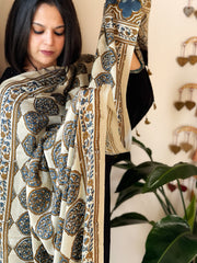 Cream Designer Handblock Ajrakh Dupatta in Modal Silk