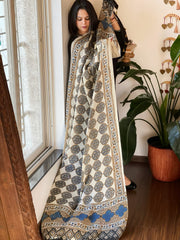 Cream Designer Handblock Ajrakh Dupatta in Modal Silk