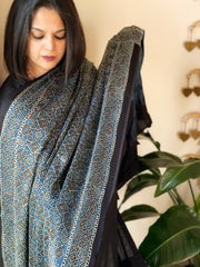 Blue Designer Handblock Ajrakh Dupatta in Modal Silk