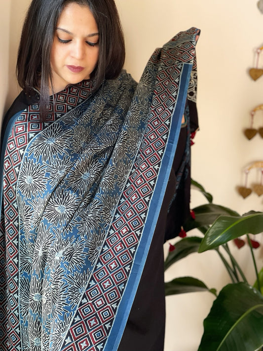 Blue Designer Handblock Ajrakh Dupatta in Modal Silk