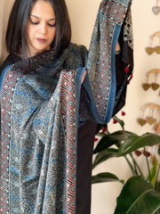 Blue Designer Handblock Ajrakh Dupatta in Modal Silk