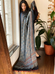 Blue Designer Handblock Ajrakh Dupatta in Modal Silk