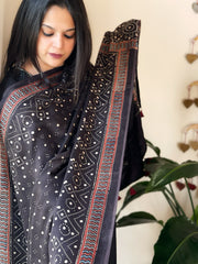 Black Designer Handblock Ajrakh Dupatta in Modal Silk