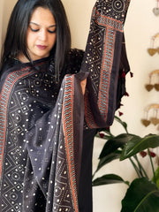 Black Designer Handblock Ajrakh Dupatta in Modal Silk