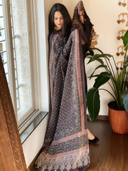 Black Designer Handblock Ajrakh Dupatta in Modal Silk