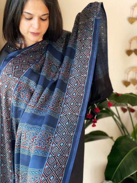 Blue Designer Handblock Ajrakh Dupatta in Modal Silk