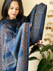 Blue Designer Handblock Ajrakh Dupatta in Modal Silk