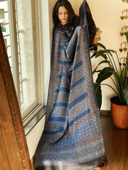 Blue Designer Handblock Ajrakh Dupatta in Modal Silk