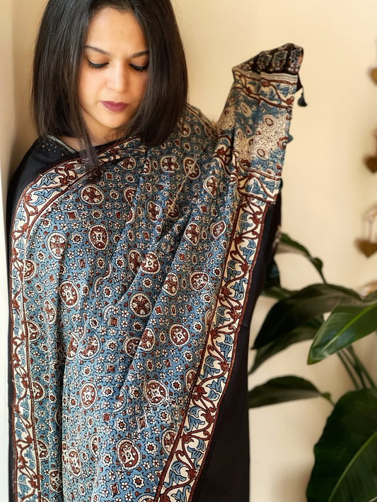 Blue Designer Handblock Ajrakh Dupatta in Modal Silk