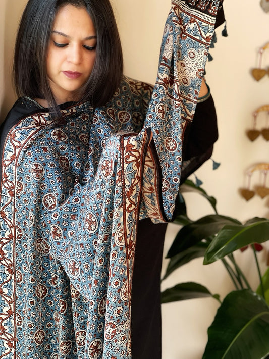 Blue Designer Handblock Ajrakh Dupatta in Modal Silk