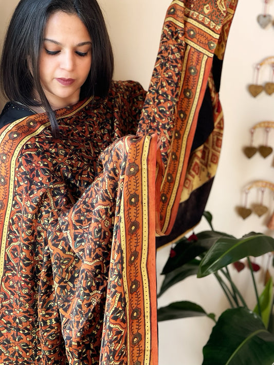 Orange Designer Handblock Ajrakh Dupatta in Modal Silk