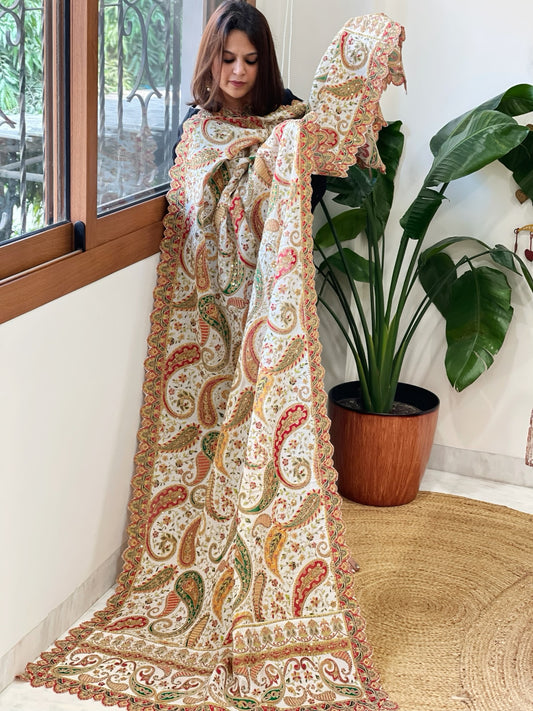 White Chinon Dupatta with Aari Embroidery