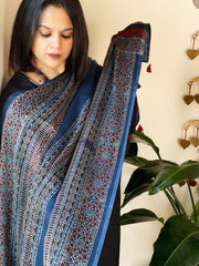 Blue Designer Handblock Ajrakh Dupatta in Modal Silk