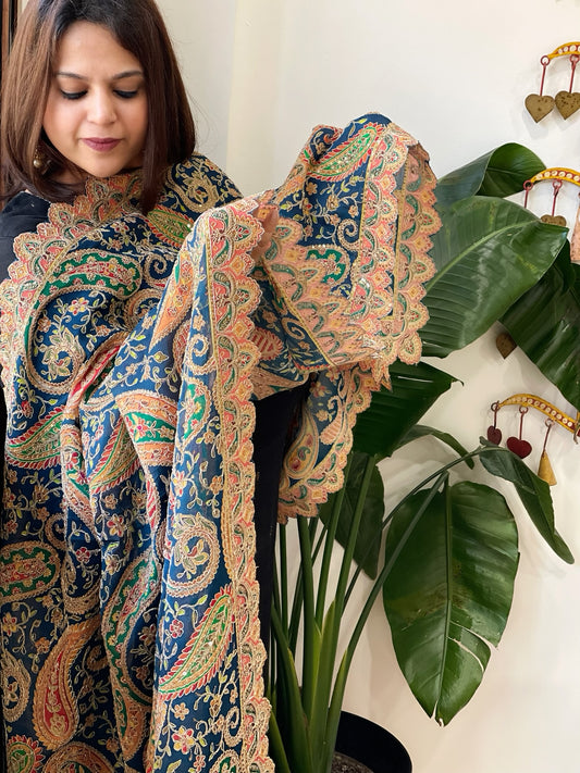 Navy Chinon Dupatta with Aari Embroidery