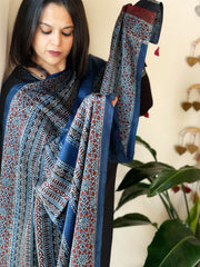 Blue Designer Handblock Ajrakh Dupatta in Modal Silk