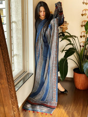 Blue Designer Handblock Ajrakh Dupatta in Modal Silk