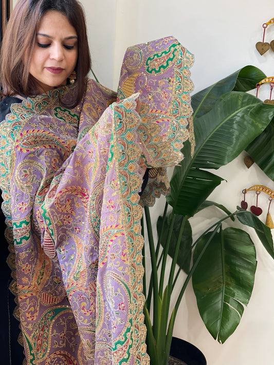 Lavender Chinon Dupatta with Aari Embroidery
