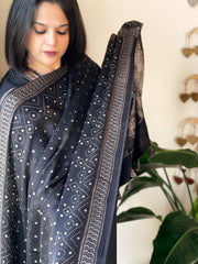 Black Designer Handblock Ajrakh Dupatta in Modal Silk