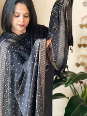 Black Designer Handblock Ajrakh Dupatta in Modal Silk