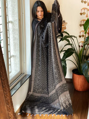 Black Designer Handblock Ajrakh Dupatta in Modal Silk