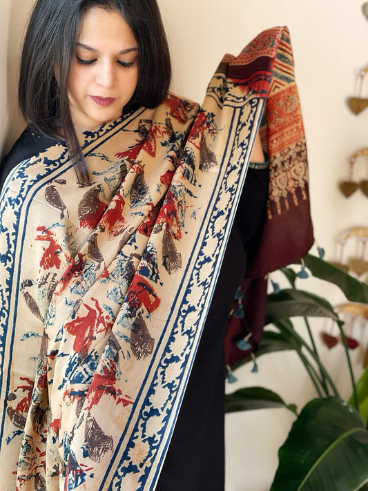 Skin Designer Handblock Ajrakh Dupatta in Modal Silk