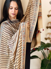 Cream Designer Handblock Ajrakh Dupatta in Modal Silk