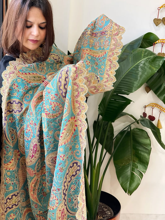 Sky Blue Chinon Dupatta with Aari Embroidery