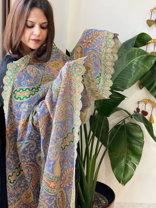 Purplish Blue Chinon Dupatta with Aari Embroidery