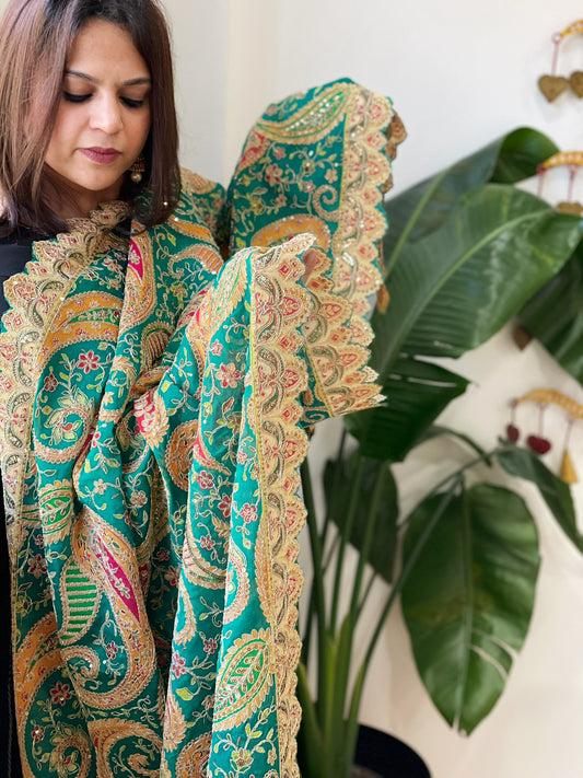 Green Chinon Dupatta with Aari Embroidery