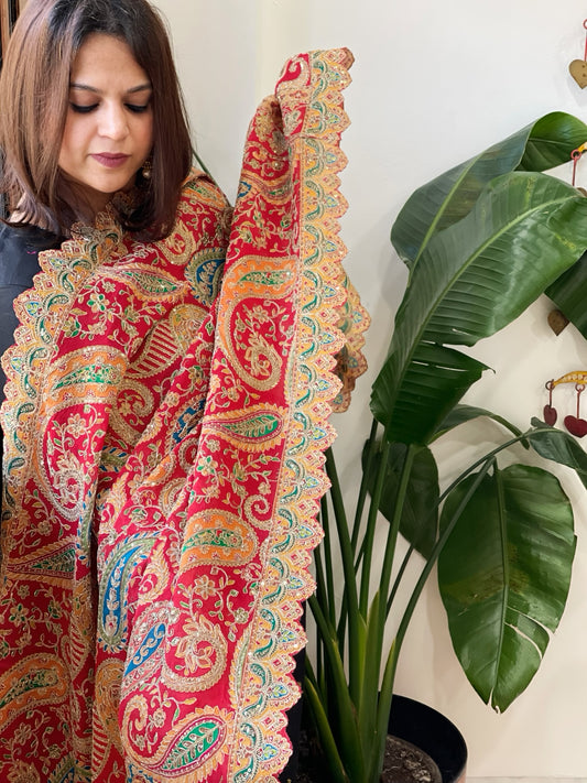 Red Chinon Dupatta with Aari Embroidery