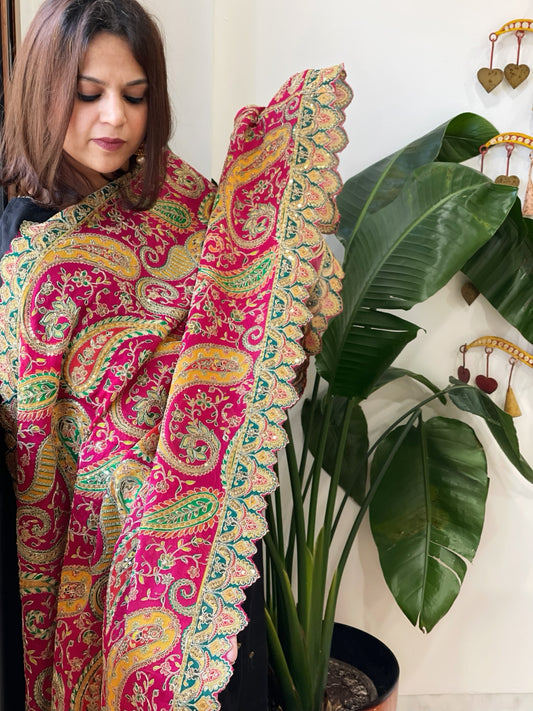 Rani Pink Chinon Dupatta with Aari Embroidery