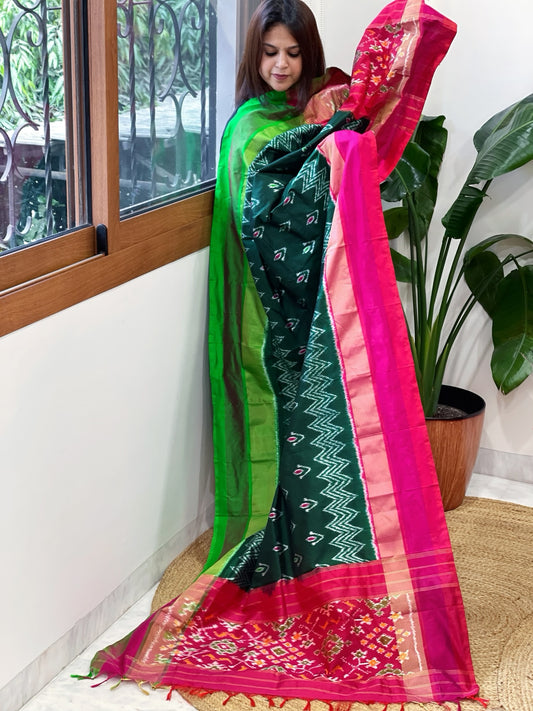 Green Handwoven Ikat Dupatta in Pure Silk