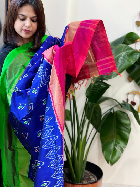 Blue Handwoven Ikat Dupatta in Pure Silk